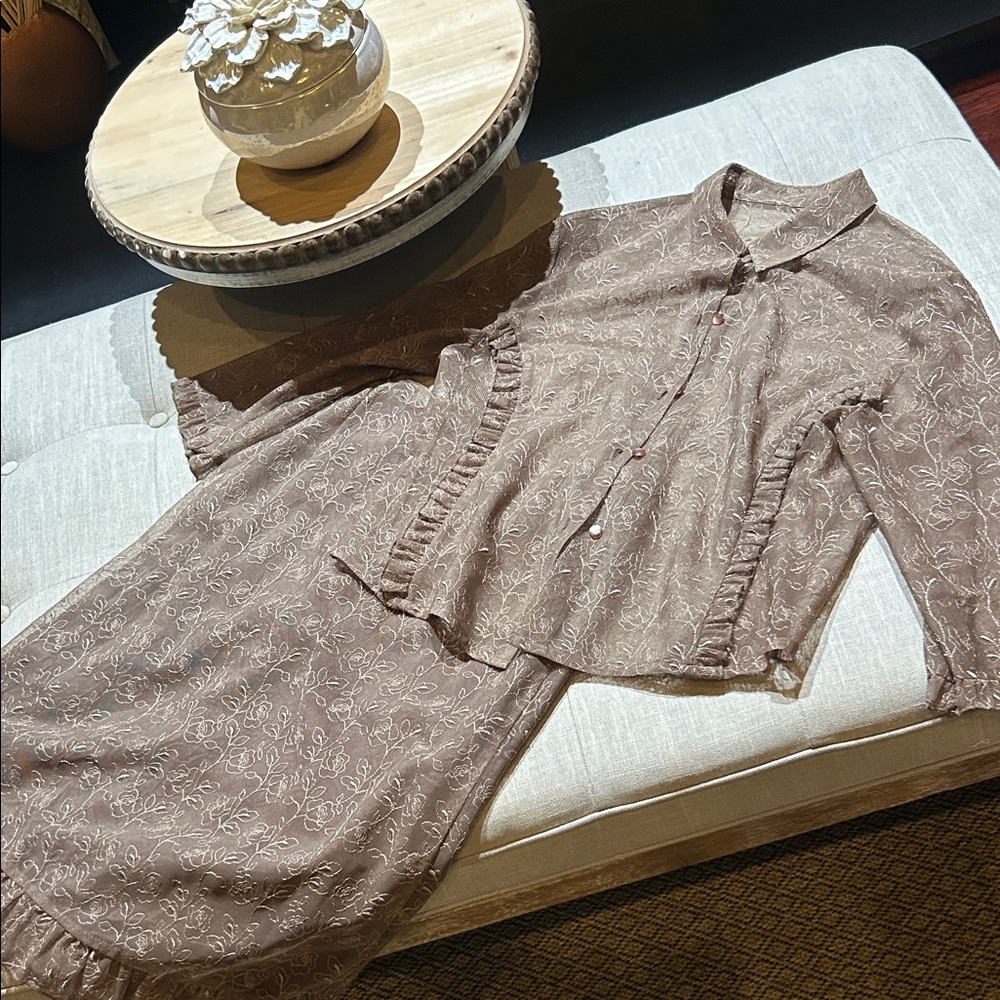 Mac & Jac‎ Brown Floral Lace Frill Hem Button-Up Blouse and Skirt Set Size 12